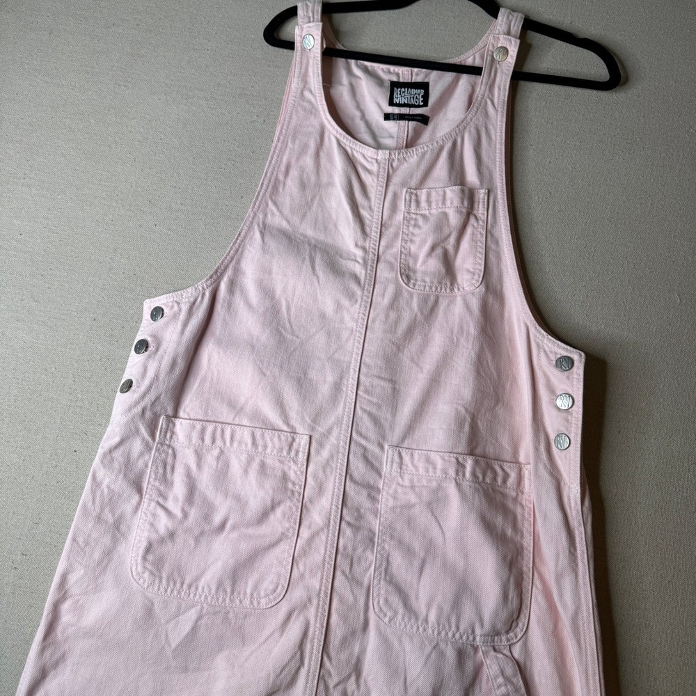 Reclaimed Vintage Pink Denim Pinafore Dress Womens 6 Utility Midi Overall Dress